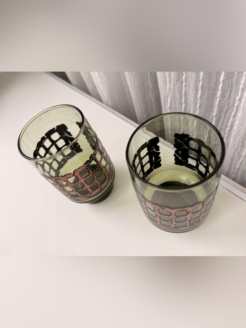 RARE VTG Libbey Signed 2 Green Glass Tumblers Copper Monogram MCM 1970s Barware - Picture 4 of 14